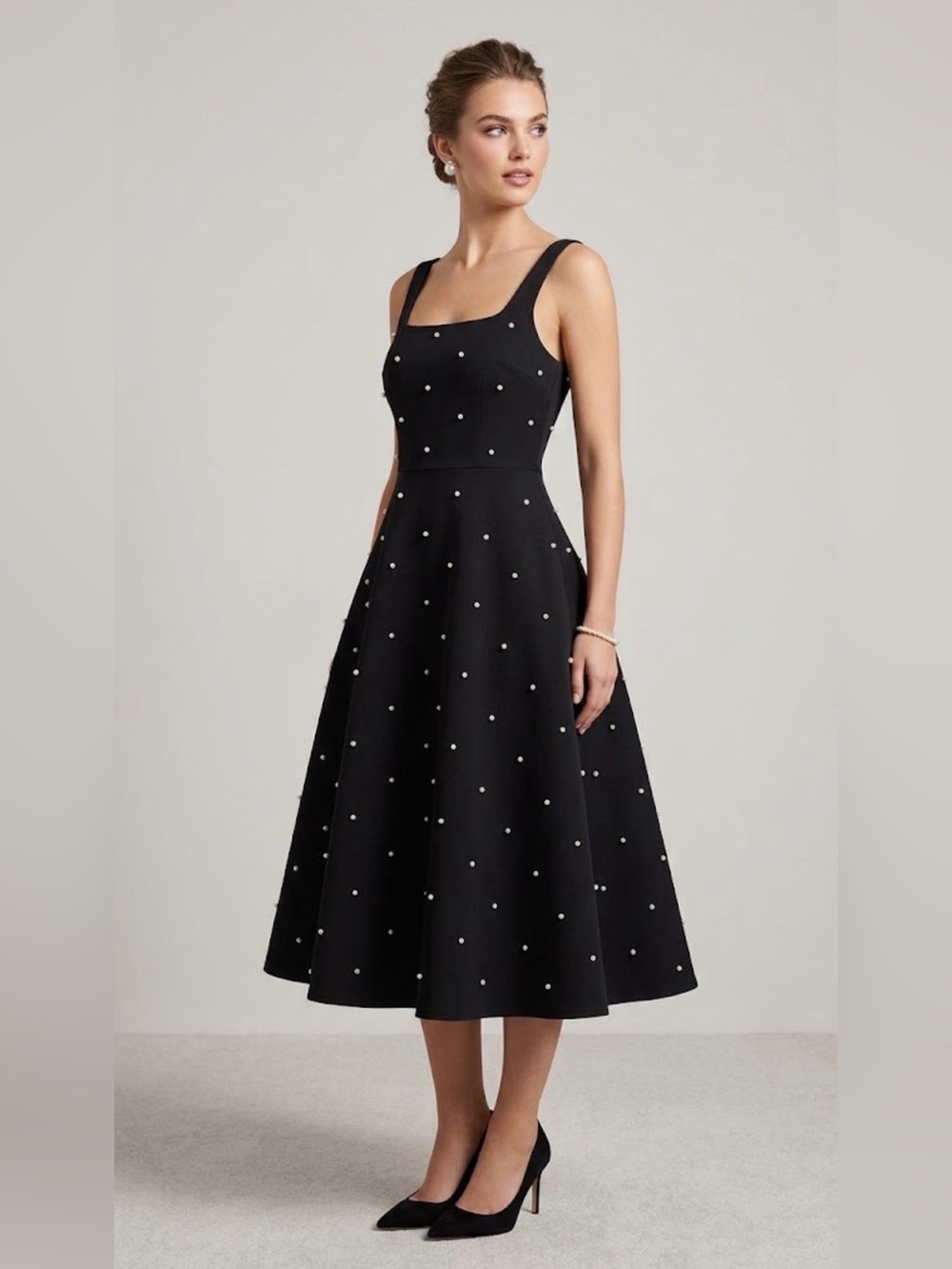 Black Pearl-Studded Fit-and-Flare Midi Dress